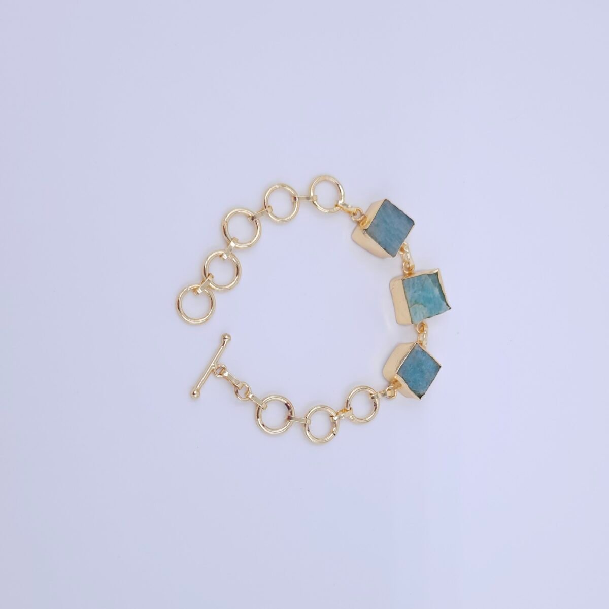 Square Aqua Stone Brass Bracelet - Handmade Gold-Plated Modern Link Bracelet