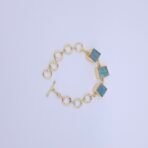 Square Aqua Stone Brass Bracelet - Handmade Gold-Plated Modern Link Bracelet