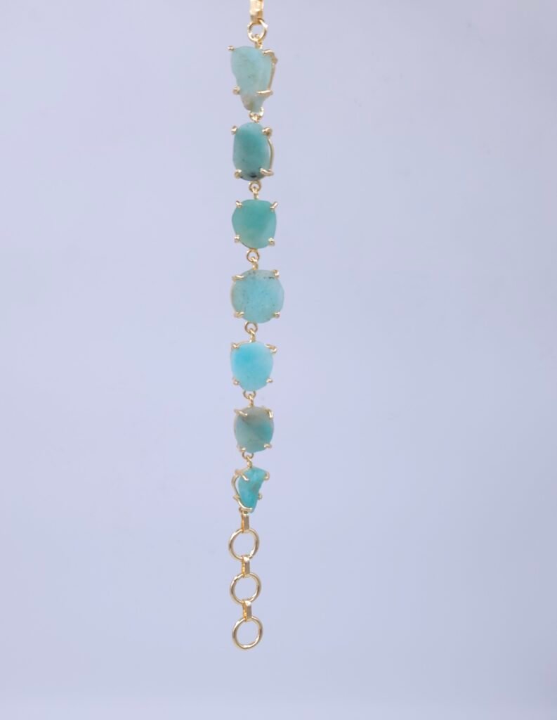 Natural Aqua Stone Brass Bracelet - Handmade Gold-Plated Link Bracelet