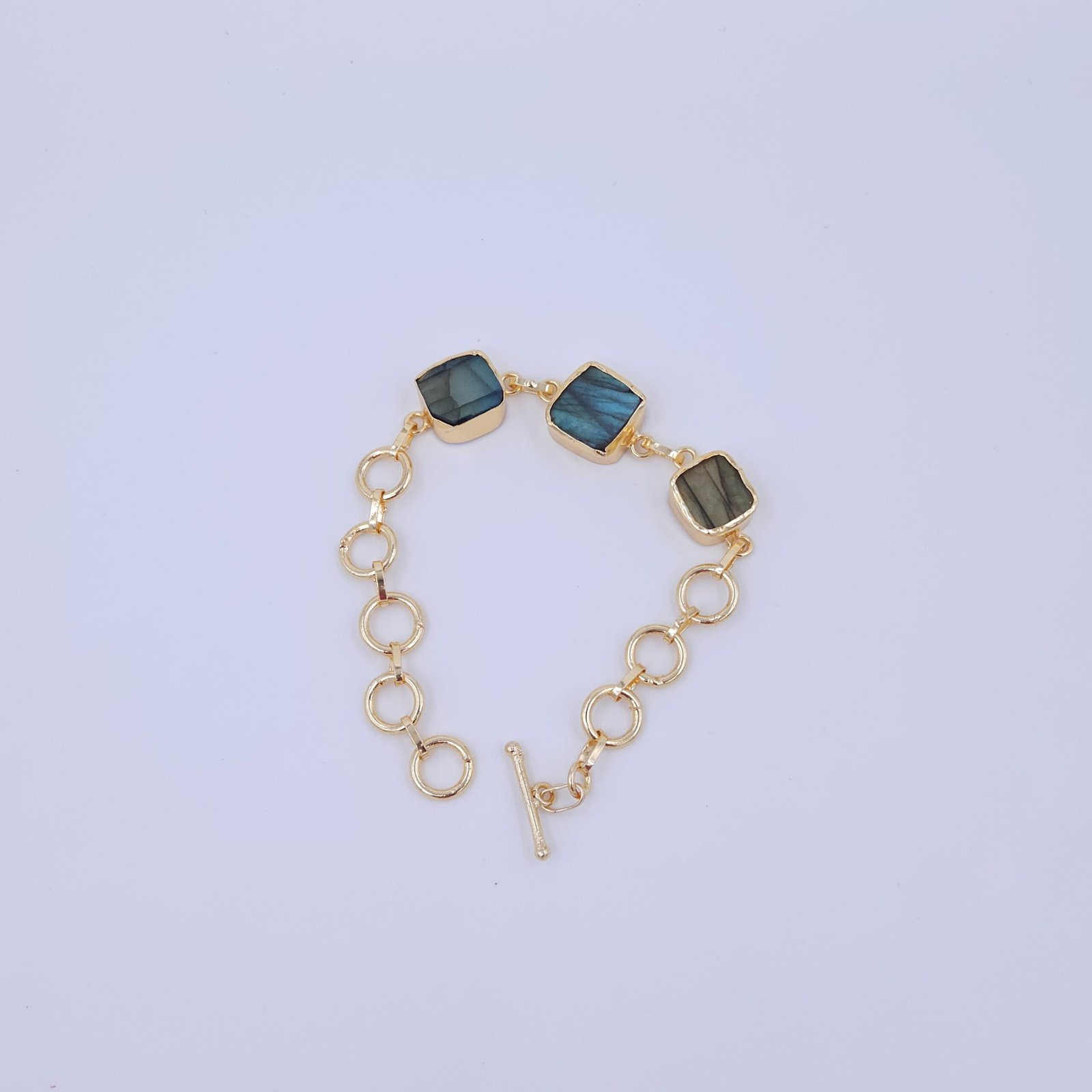 Natural Labradorite Stone Bracelet - Square-Cut Gold-Plated Brass Link Bracelet Natural Labradorite Stone Bracelet - Square-Cut Gold-Plated Brass Link Bracelet