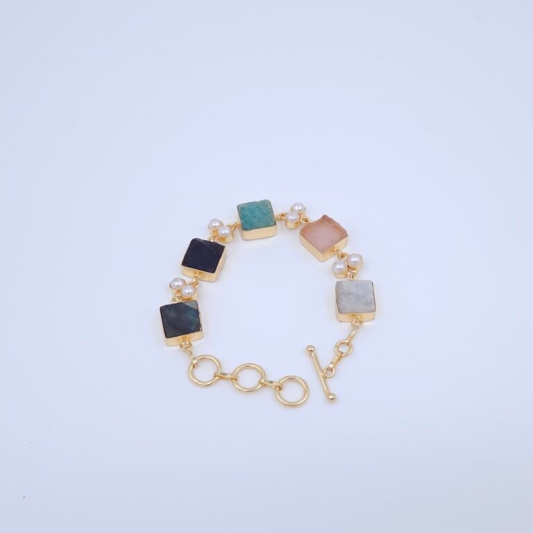 Multicolor Square-Cut Natural Stone & Pearl Bracelet