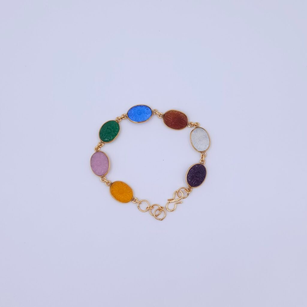 Multicolor Carved Oval Stone Gold-Plated Brass Bracelet