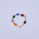 Multicolor Carved Oval Stone Gold-Plated Brass Bracelet
