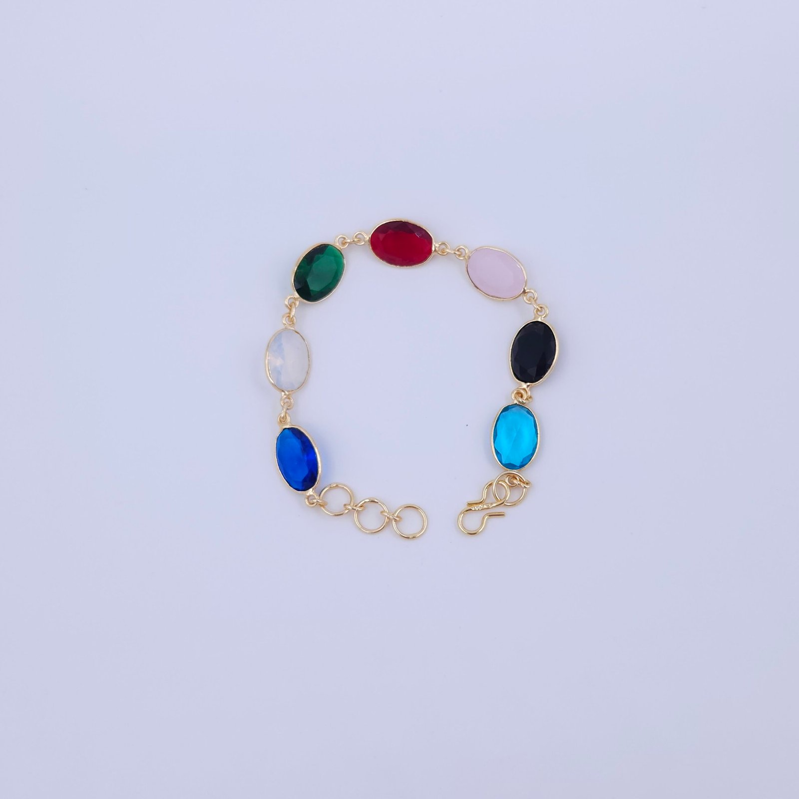 Multicolor Semi-Precious Oval Stone Bracelet in Gold-Plated Brass Multicolor Semi-Precious Oval Stone Bracelet in Gold-Plated Brass