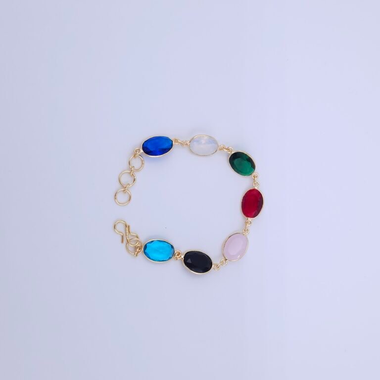 Multicolor Semi-Precious Oval Stone Bracelet in Gold-Plated Brass