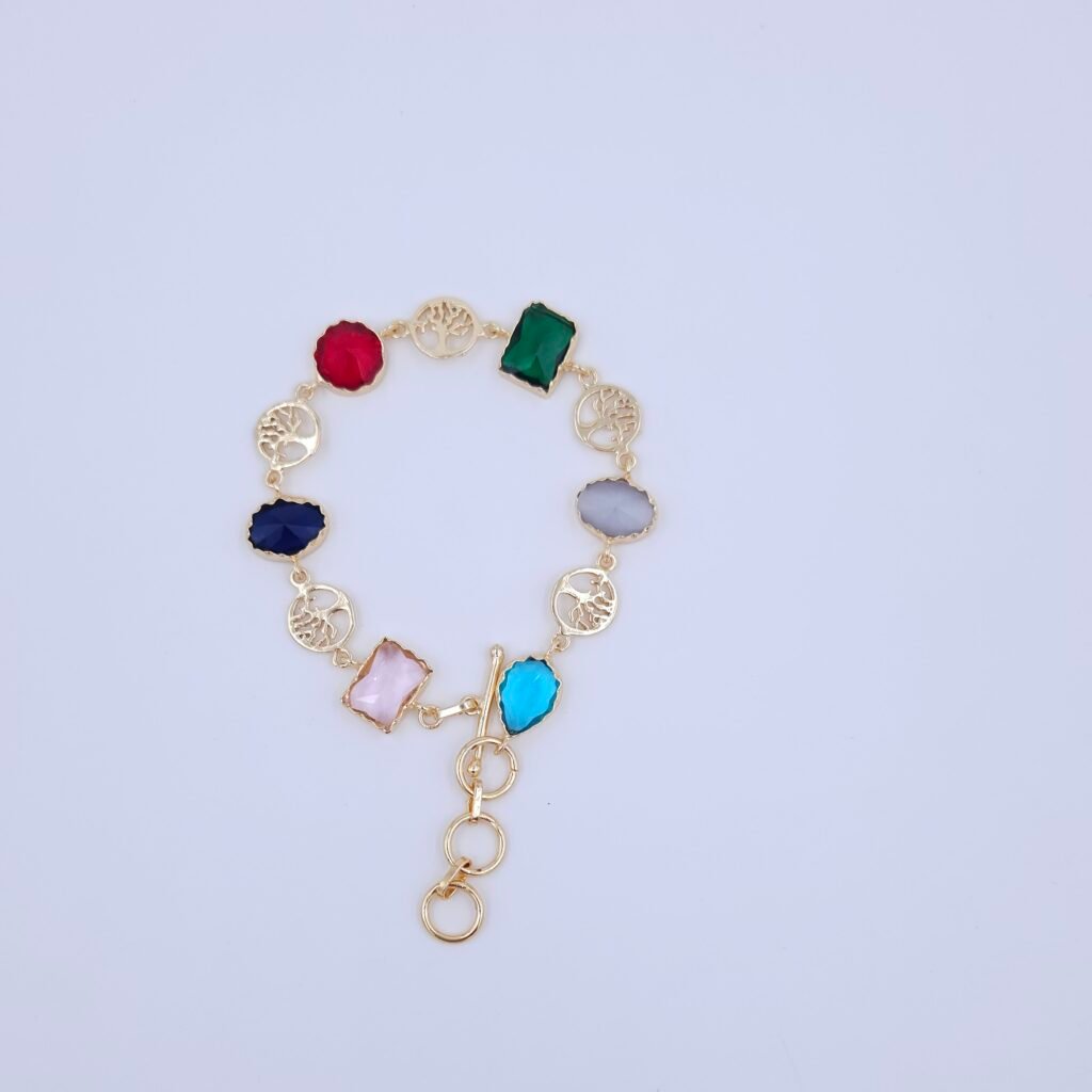 Brass Multicolor Gemstone Bracelet with Tree of Life Charms
