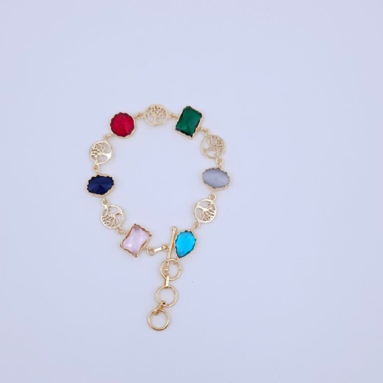 Brass Multicolor Gemstone Bracelet with Tree of Life Charms