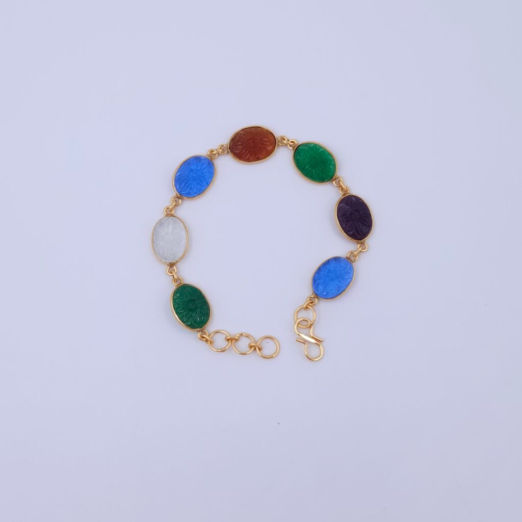 Multicolor Carved Floral Oval Stone Brass Bracelet