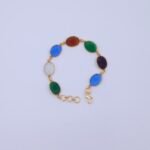 Multicolor Carved Floral Oval Stone Brass Bracelet