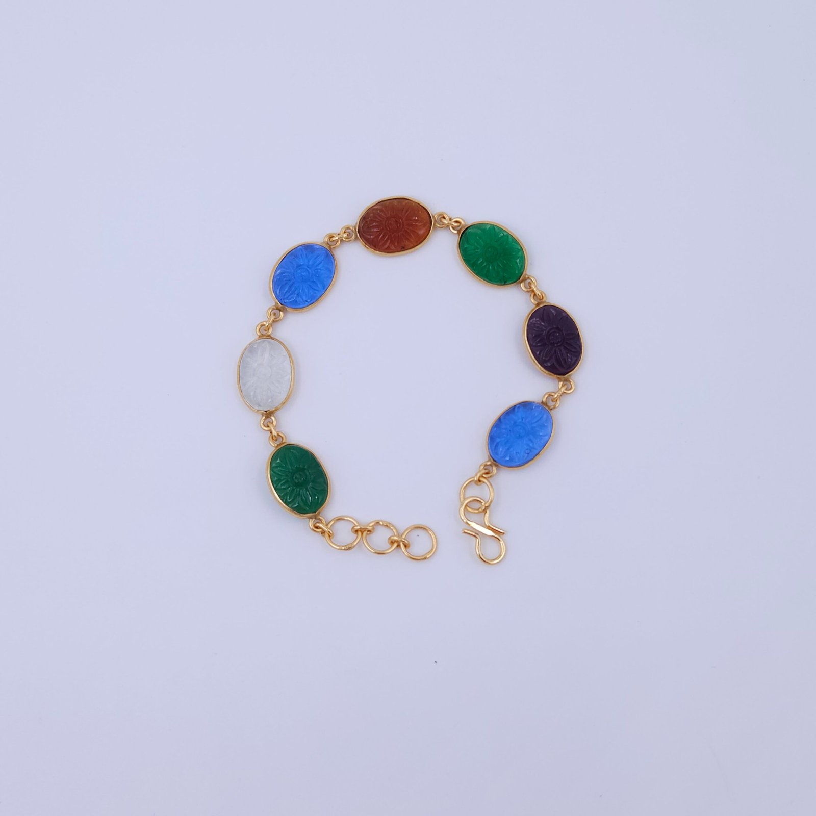 Multicolor Carved Floral Oval Stone Brass Bracelet Multicolor Carved Floral Oval Stone Brass Bracelet