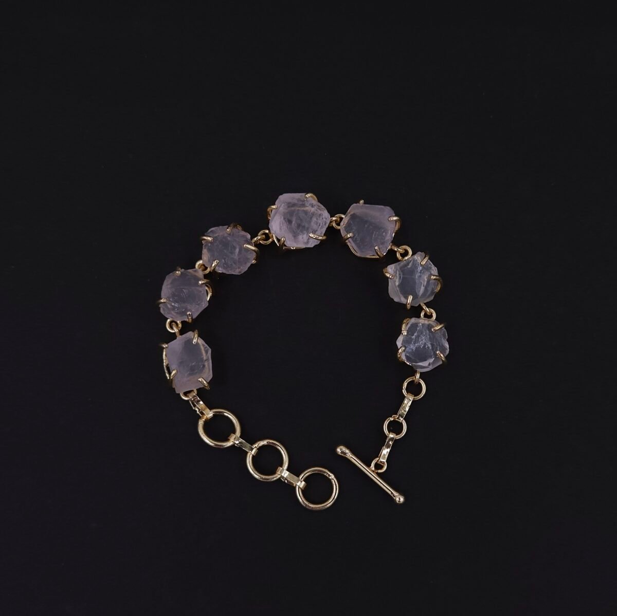 Brass Bracelet with Natural Rose Quartz Stones in Crown Setting