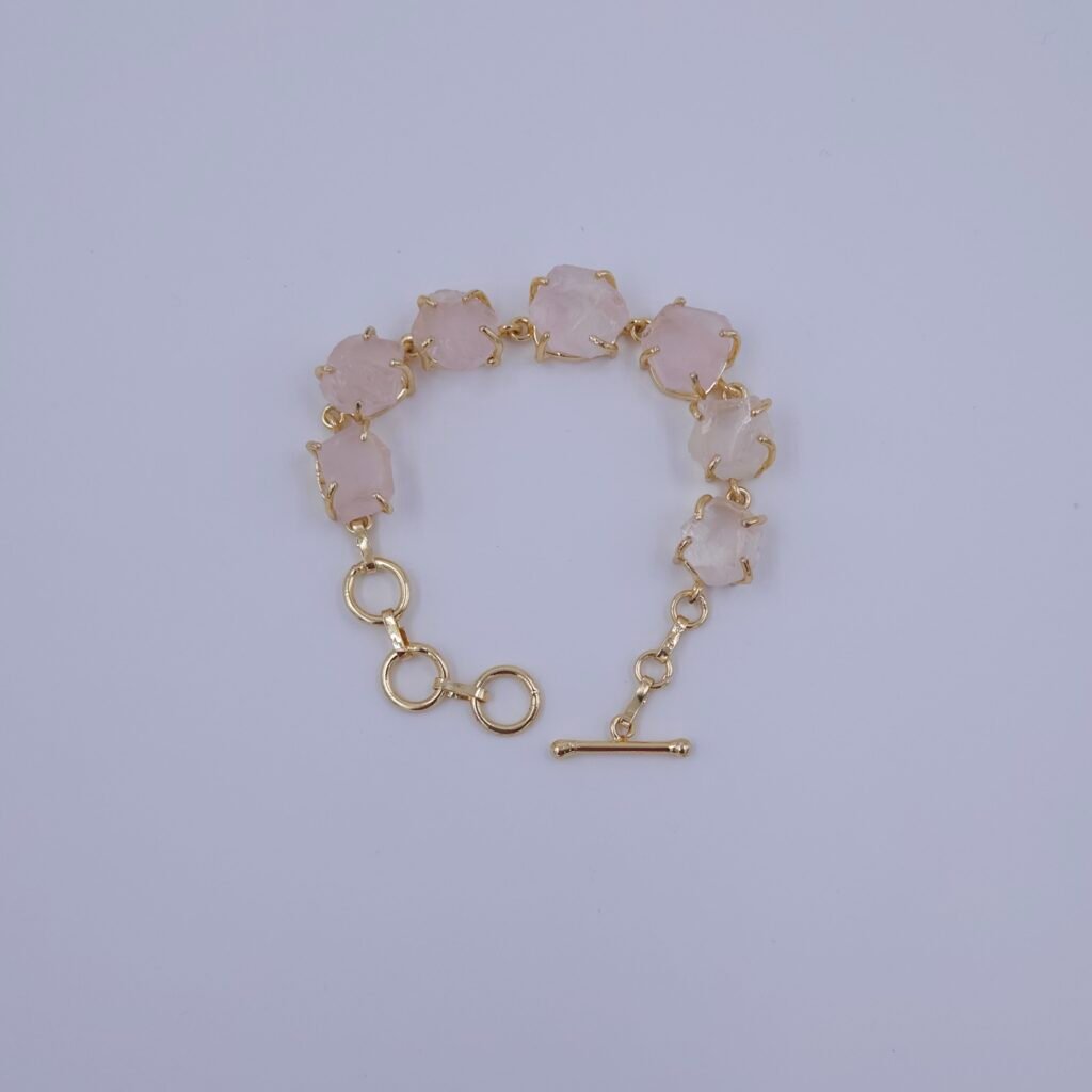 Brass Bracelet with Natural Rose Quartz Stones in Crown Setting