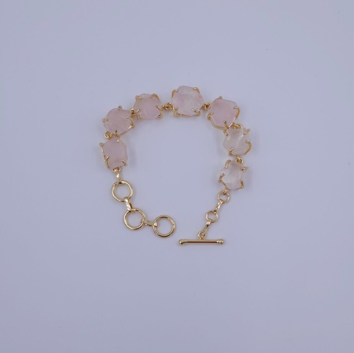 Brass Bracelet with Natural Rose Quartz Stones in Crown Setting