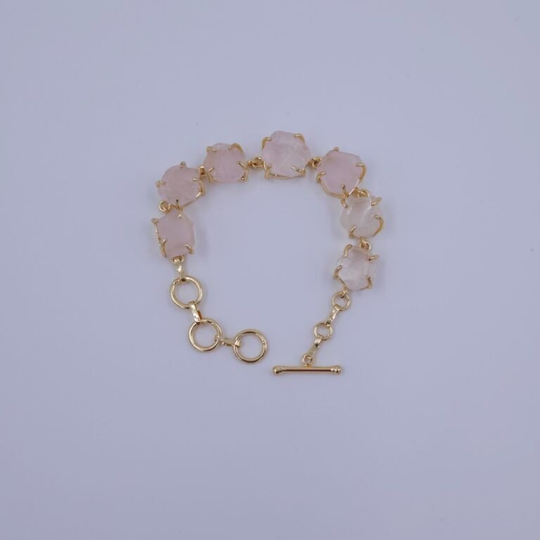 Brass Bracelet with Natural Rose Quartz Stones in Crown Setting