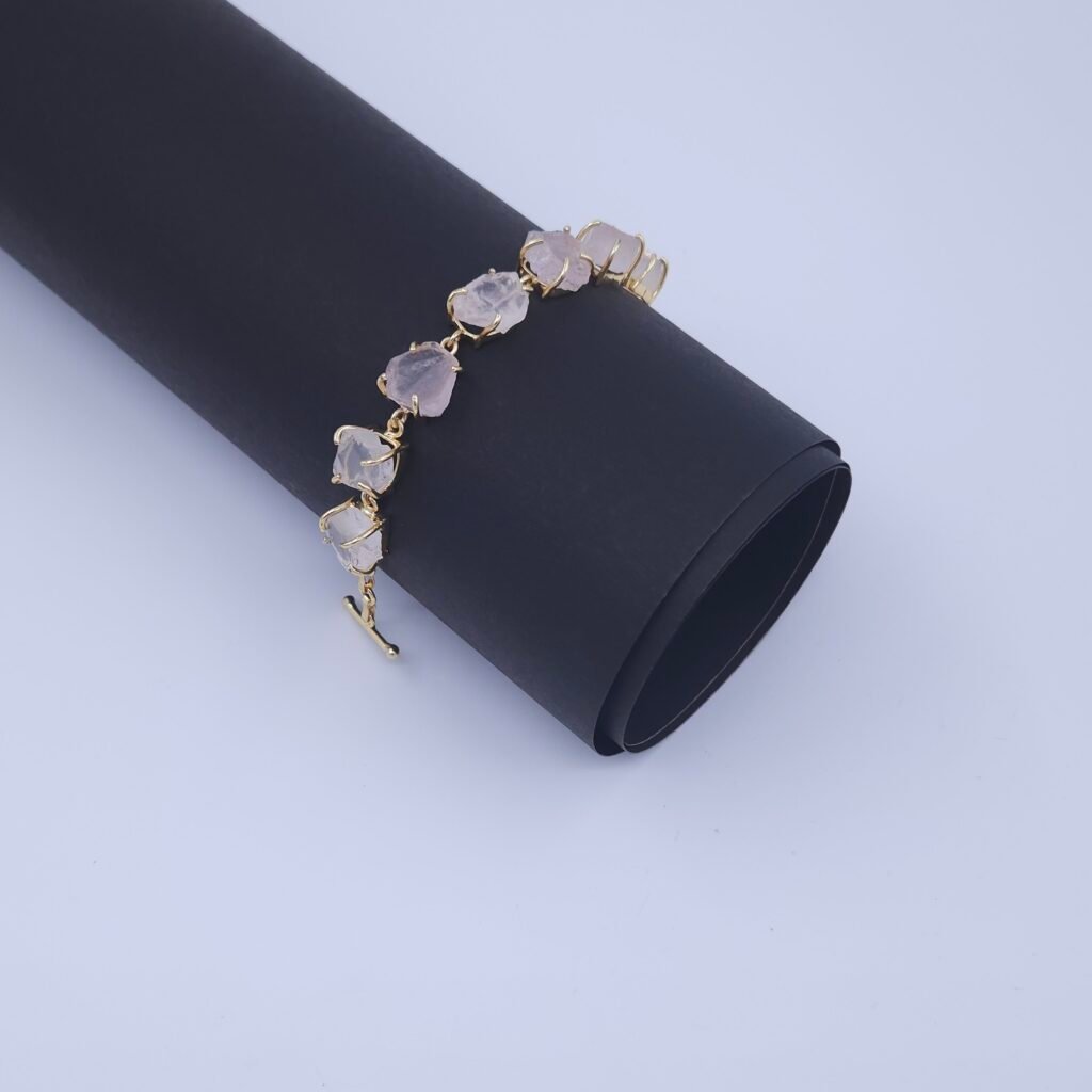 Brass Bracelet with Natural Rose Quartz Stones in Crown Setting