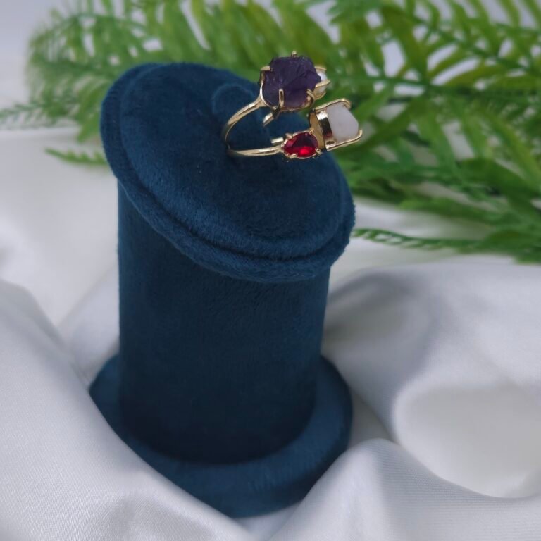 Handmade Multi-Gemstone Brass Ring with Amethyst, Pearl, Ruby & Moonstone