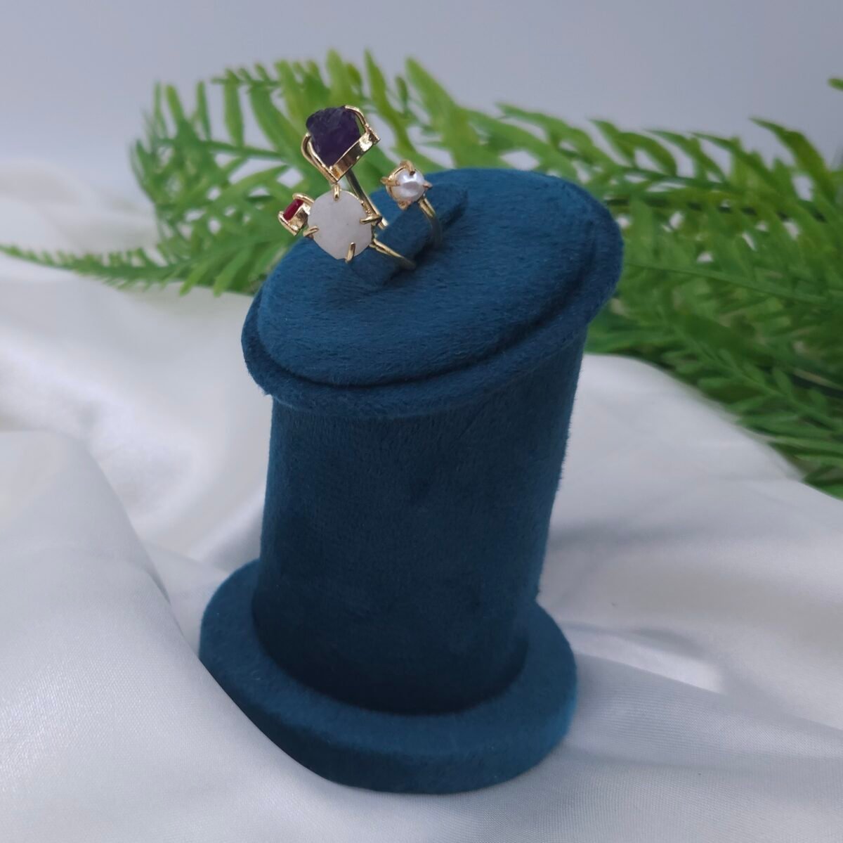 Handmade Multi-Gemstone Brass Ring with Amethyst, Pearl, Ruby & Moonstone