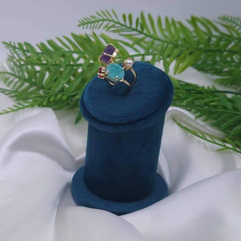 Adjustable Brass Multi-Stone Ring with Amethyst, Aqua Green Stone, Pearl & Red Accent