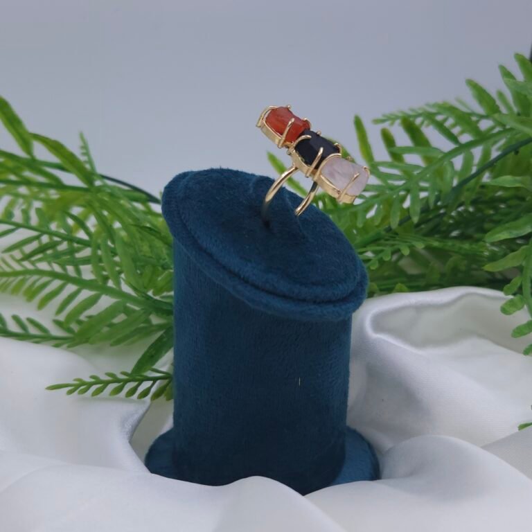 Adjustable Brass Ring with Raw Semi-Precious Stones – Red, Black & White