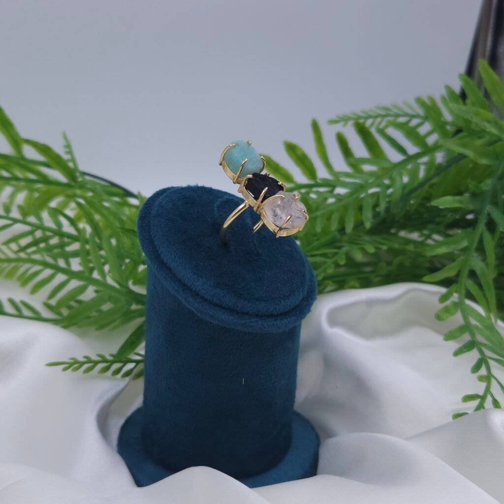 Adjustable Brass Ring with Aqua, Black & White Raw Semi-Precious Stones