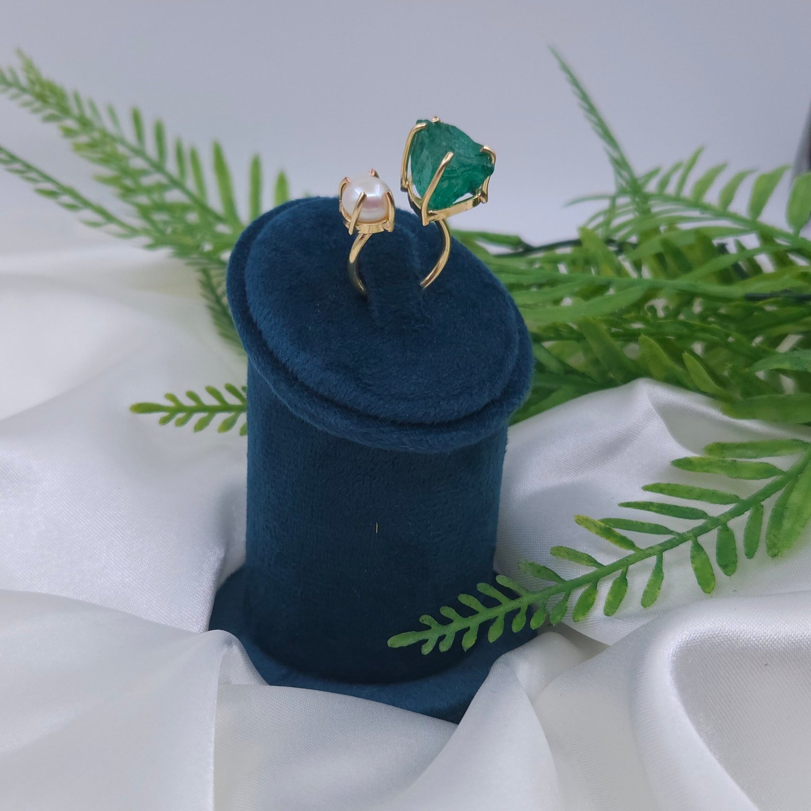 Adjustable Brass Open Ring with Green Raw Stone & Pearl Adjustable Brass Open Ring with Green Raw Stone & Pearl