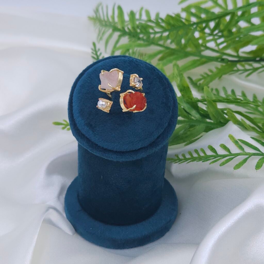 Adjustable Brass Multi-Stone Ring with Rose Quartz, White Gemstone, Pearl & Red Raw Stone