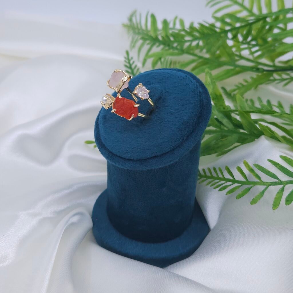 Adjustable Brass Multi-Stone Ring with Rose Quartz, White Gemstone, Pearl & Red Raw Stone