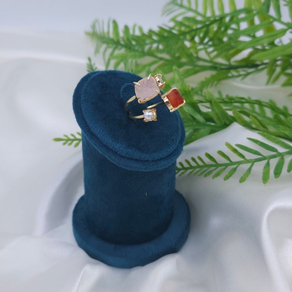 Adjustable Brass Multi-Stone Ring with Rose Quartz, White Gemstone, Pearl & Red Raw Stone