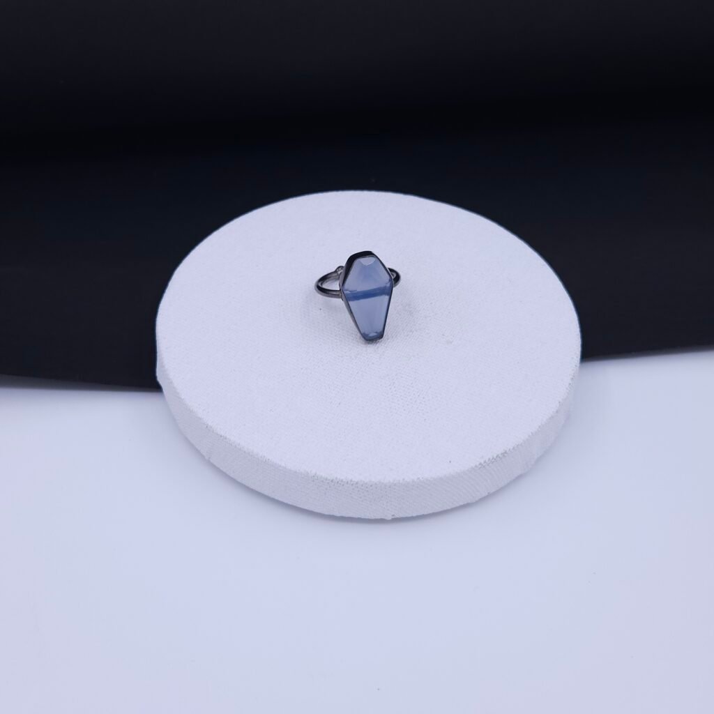 Geometric Coffin-Cut Blue Agate Ring with Black Rhodium