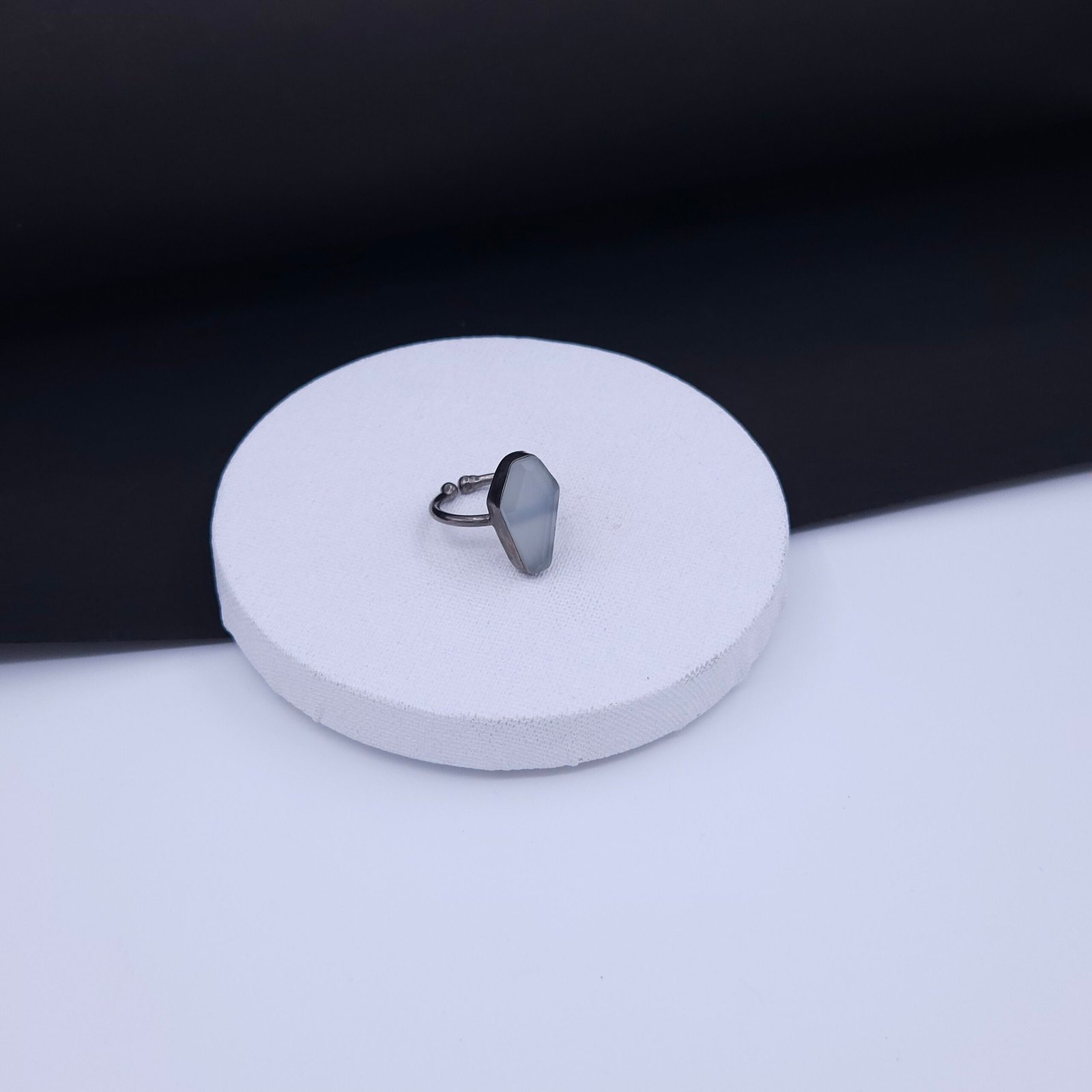 Geometric Coffin-Cut Grey Agate Ring in Black Rhodium Geometric Coffin-Cut Grey Agate Ring in Black Rhodium