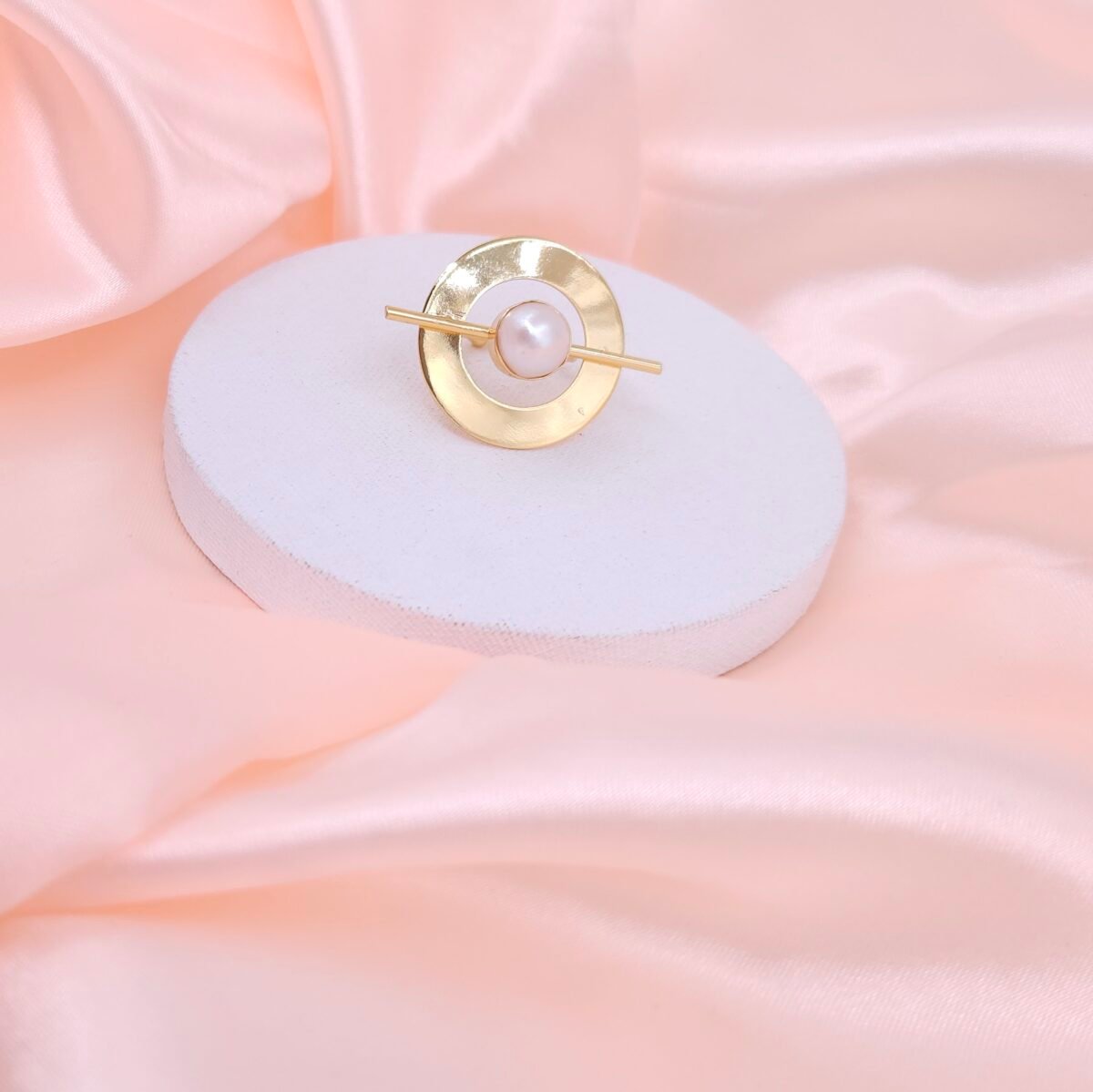 Modern Brass Disc Pearl Statement Ring