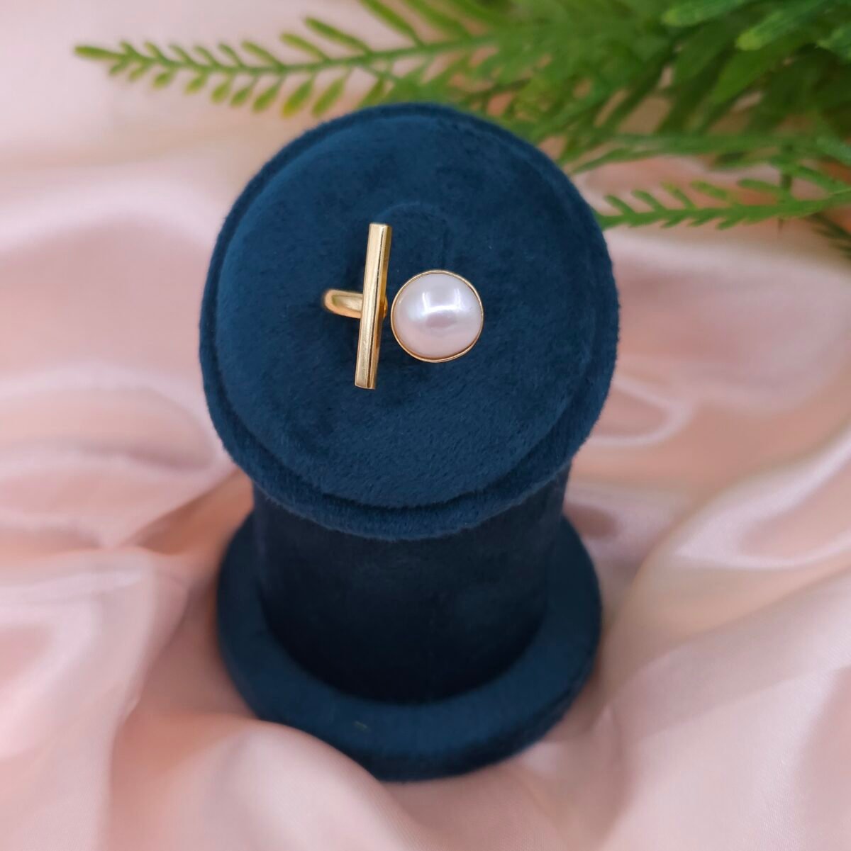 Modern Bar & Pearl Brass Statement Ring