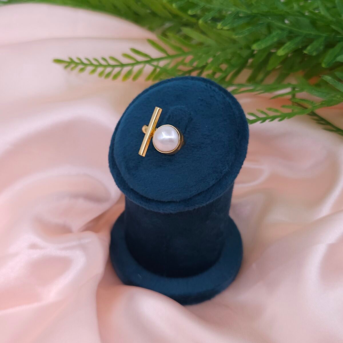 Modern Bar & Pearl Brass Statement Ring