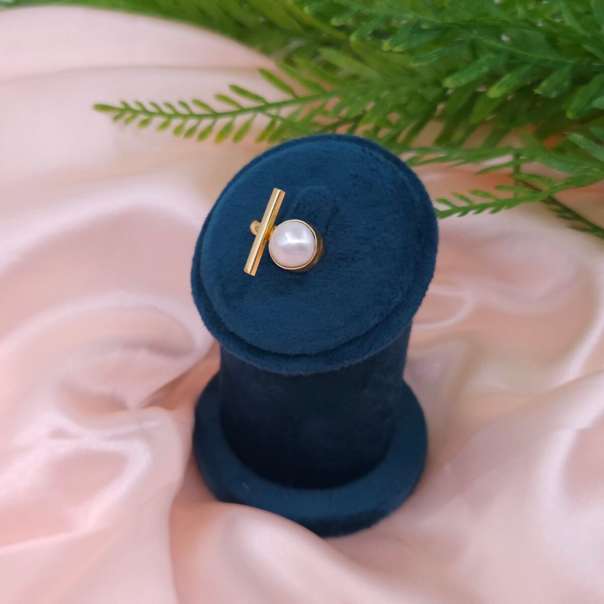 Modern Bar & Pearl Brass Statement Ring
