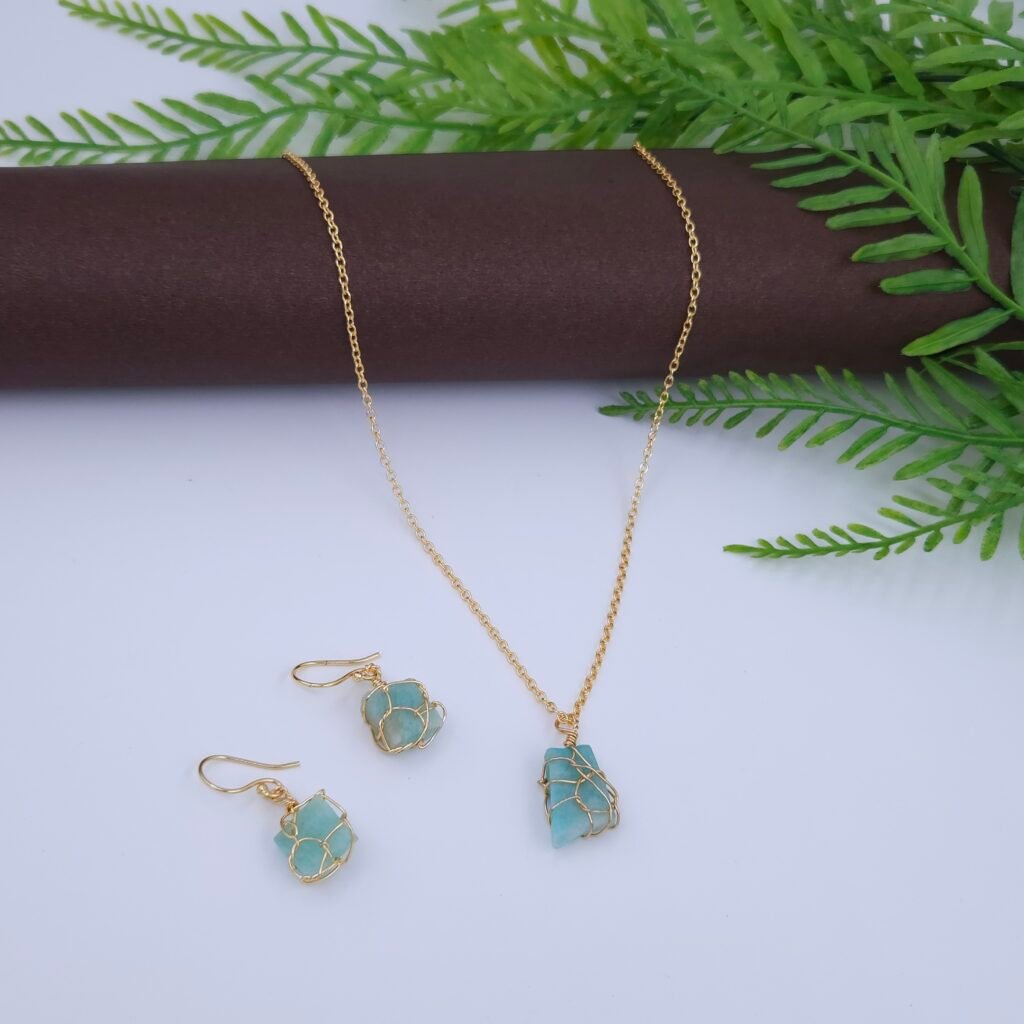 Aqua Blue Natural Stone Wire Wrapped Jewelry Set - Gold