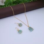 Aqua Blue Natural Stone Wire Wrapped Jewelry Set - Gold