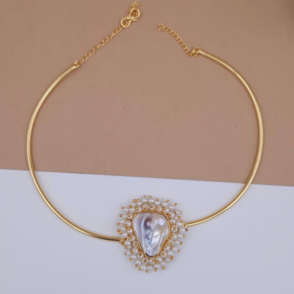Handcrafted Gold Hasli Necklace with Mother of Pearl & Miniature Pearls - Anti-Tarnish Finish