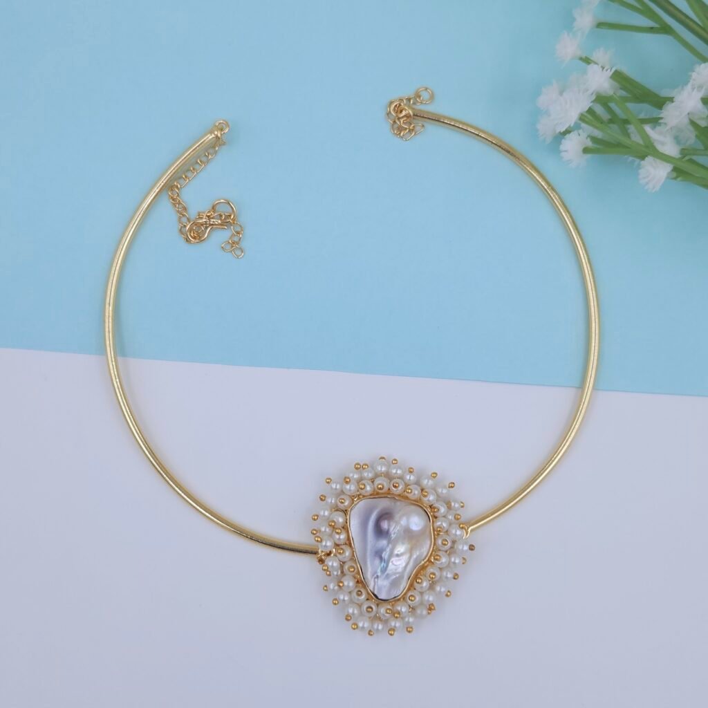 Handcrafted Gold Hasli Necklace with Mother of Pearl & Miniature Pearls - Anti-Tarnish Finish