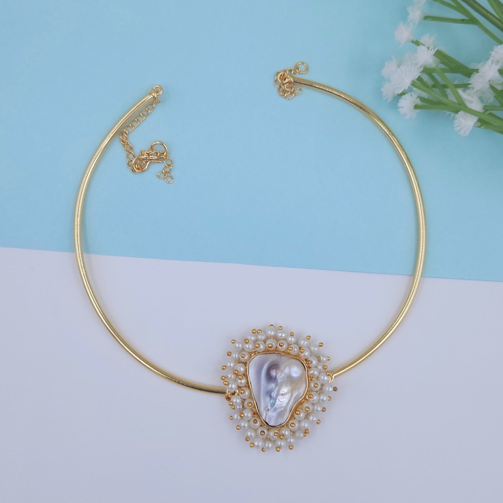 Handcrafted Gold Hasli Necklace with Mother of Pearl & Miniature Pearls - Anti-Tarnish Finish Handcrafted Gold Hasli Necklace with Mother of Pearl & Miniature Pearls - Anti-Tarnish Finish