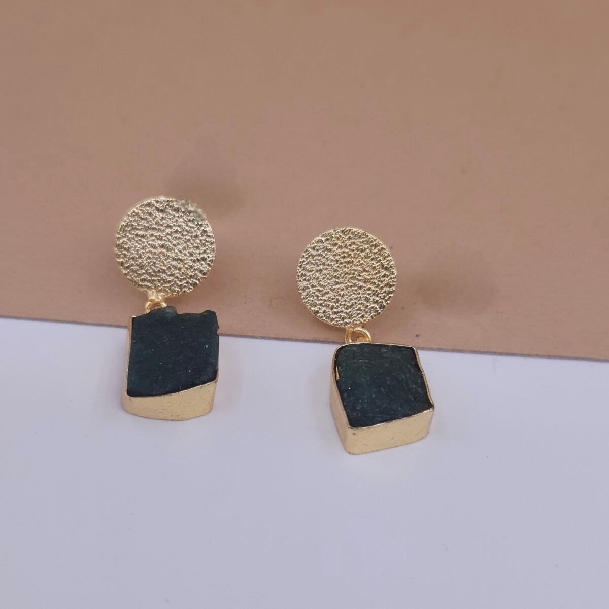 Handcrafted Gold Hasli & Earrings Set with Raw Green Stone - Anti-Tarnish Modern Jewelry