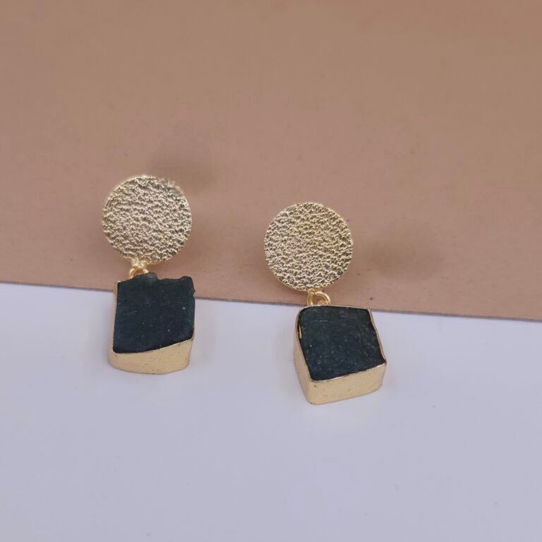 Handcrafted Gold Hasli & Earrings Set with Raw Green Stone - Anti-Tarnish Modern Jewelry