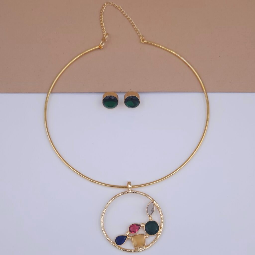Handcrafted Gold Hasli Necklace & Green Stud Earrings Set with Multicolor Geometric Gems - Anti-Tarnish