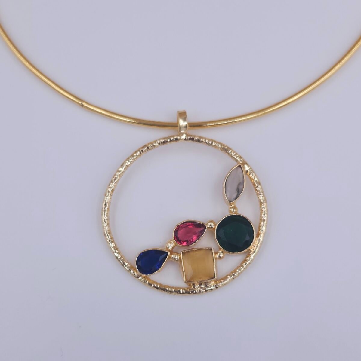 Handcrafted Gold Hasli Necklace & Green Stud Earrings Set with Multicolor Geometric Gems - Anti-Tarnish