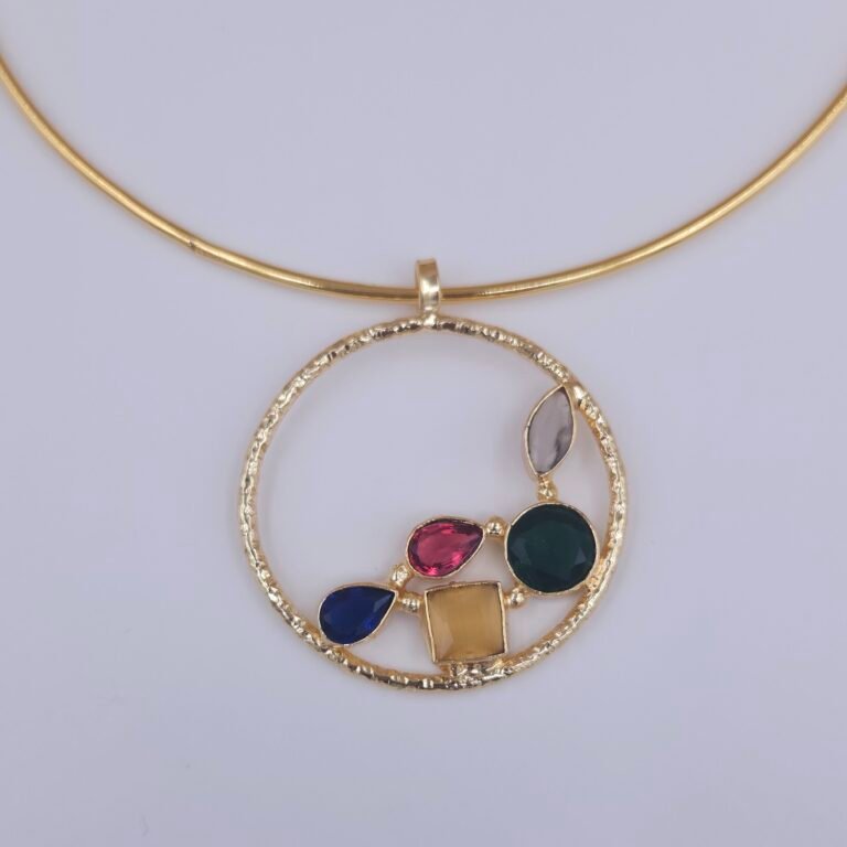 Handcrafted Gold Hasli Necklace & Green Stud Earrings Set with Multicolor Geometric Gems - Anti-Tarnish