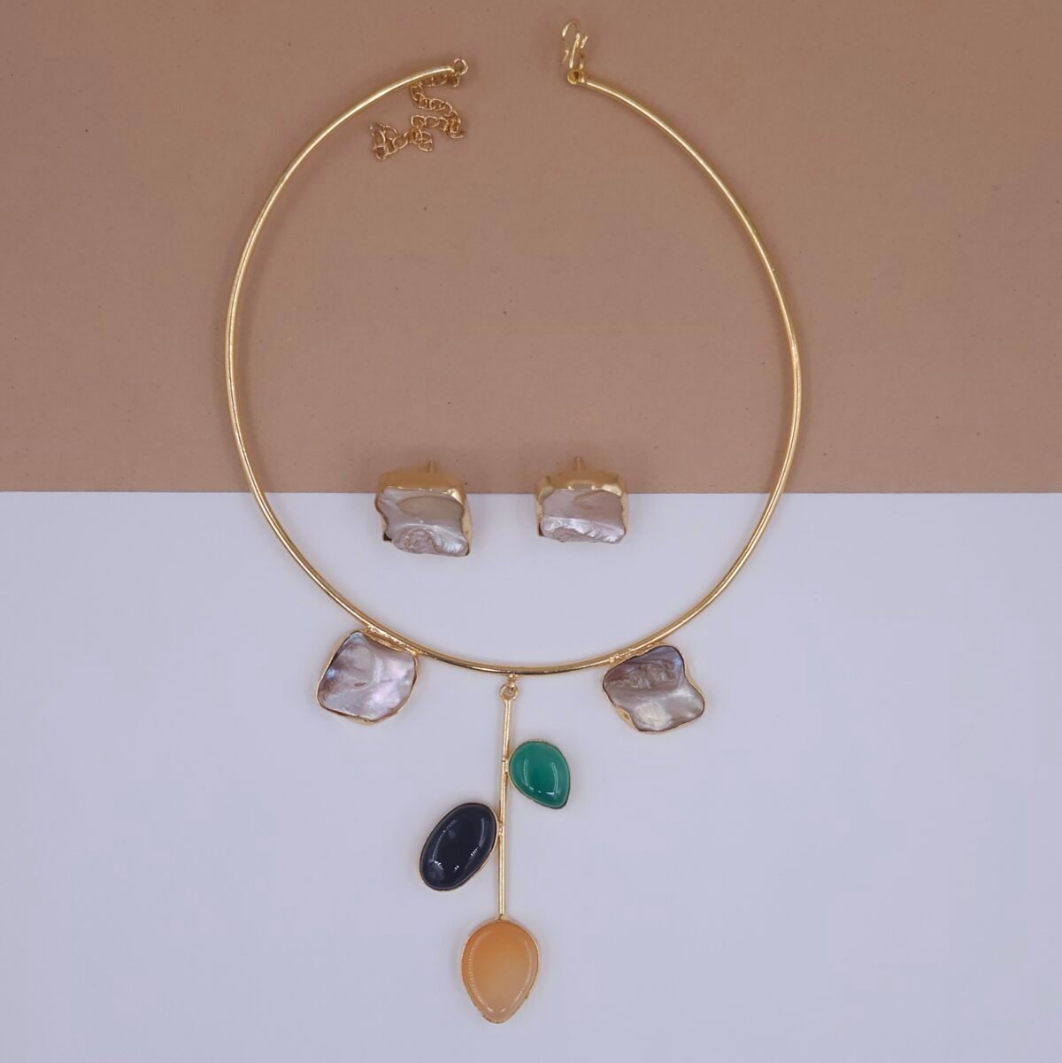 Handcrafted Gold Hasli Jewellery Set with Mother of Pearl and Monalisa Stones – Anti-Tarnish Statement Jewellery