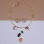 Handcrafted Gold Hasli Jewellery Set with Mother of Pearl and Monalisa Stones – Anti-Tarnish Statement Jewellery