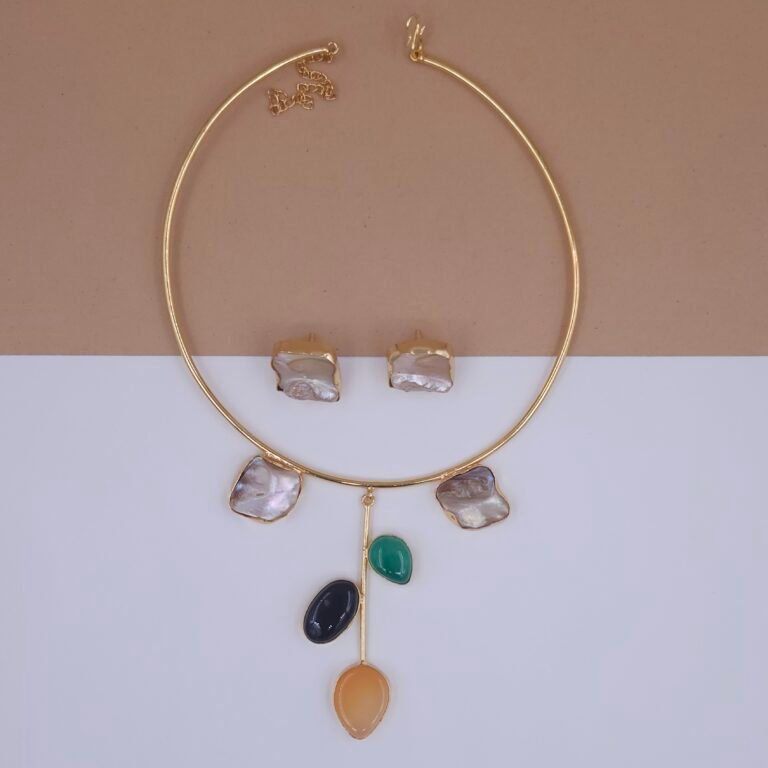 Handcrafted Gold Hasli Jewellery Set with Mother of Pearl and Monalisa Stones – Anti-Tarnish Statement Jewellery