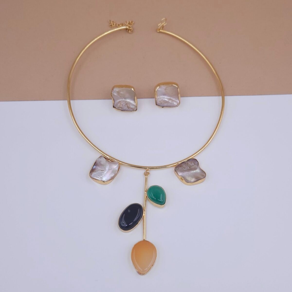 Handcrafted Gold Hasli Jewellery Set with Mother of Pearl and Monalisa Stones – Anti-Tarnish Statement Jewellery