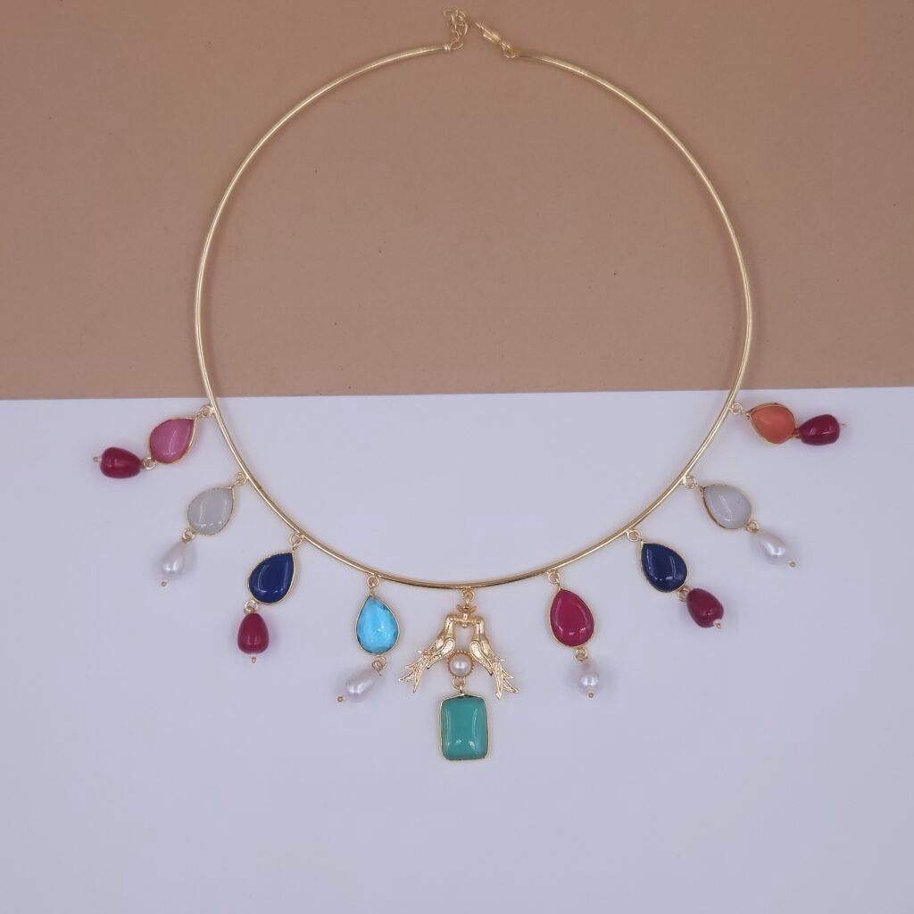 Handcrafted Gold Hasli Jewellery with Multi-Colored Monalisa Stones and Pearls - Anti-Tarnish Festive Choker