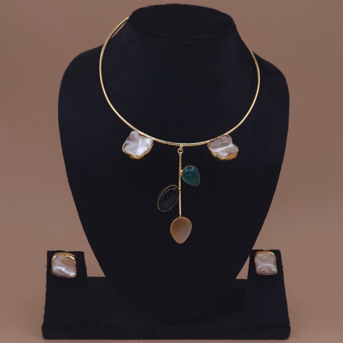 Handcrafted Gold Hasli Jewellery Set with Mother of Pearl and Monalisa Stones – Anti-Tarnish Statement Jewellery